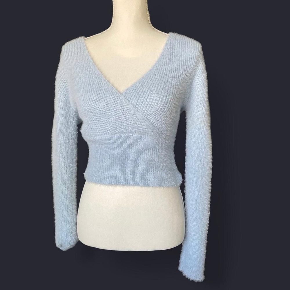 Light Blue Fuzzy V-Neck Wrap Sweater